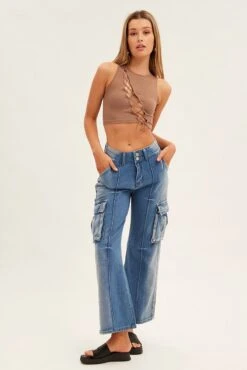 Blue Wide Leg Denim Cargo Pants -Modern Fashion Shop bt12607 f4 blue 3