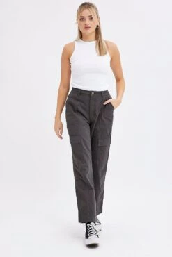 Grey Cargo Pants High Rise -Modern Fashion Shop bt2632 34p charcoal 3