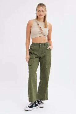 Green Cargo Pants High Rise -Modern Fashion Shop bt2632 34p khaki 3