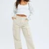 Beige Cargo Pants Low Rise