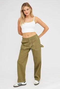 Green Cargo Pants Mid Rise Contrast Stitch -Modern Fashion Shop bt3139 84pb khaki 3