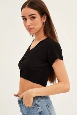 Black Short Sleeve Rib Cardigan -Modern Fashion Shop ck12780 f black 4