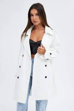 White Longline Trench Coat With Tie -Modern Fashion Shop coat white longline trench coat with tie 33664459538625