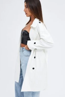 White Longline Trench Coat With Tie -Modern Fashion Shop coat white longline trench coat with tie 33664459571393