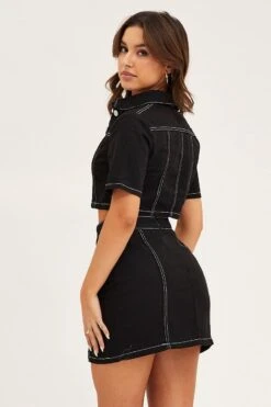 Black Contrast Stitch Button Up Top -Modern Fashion Shop denim jacket black contrast stitch button up top 33007091155137