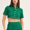 Green Contrast Stitch Button Up Top