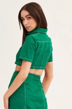 Green Contrast Stitch Button Up Top -Modern Fashion Shop denim jacket green contrast stitch button up top 33007090598081