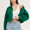 Green Long Sleeve Cropped Denim Jacket -Modern Fashion Shop denim jacket green long sleeve cropped denim jacket 32981021458625