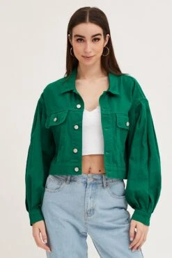 Green Long Sleeve Cropped Denim Jacket -Modern Fashion Shop denim jacket green long sleeve cropped denim jacket 32981021556929