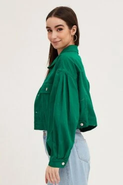 Green Long Sleeve Cropped Denim Jacket -Modern Fashion Shop denim jacket green long sleeve cropped denim jacket 32981021589697