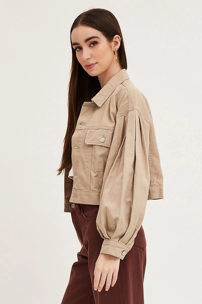 Beige Long Sleeve Cropped Denim Jacket 6 Beige Long Sleeve Cropped Denim Jacket - Image 4