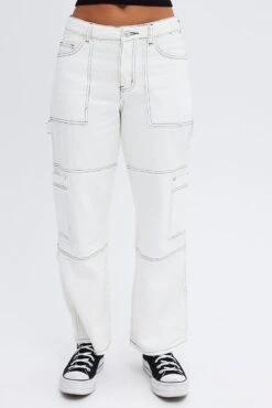 White Cargo Jeans High Rise Straight Leg Utility -Modern Fashion Shop dl0058 33c white 2