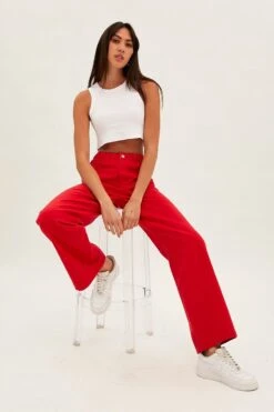 Red Wide Leg Denim Jeans High Rise