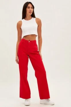 Red Wide Leg Denim Jeans High Rise -Modern Fashion Shop dl1287h 20jb red 3