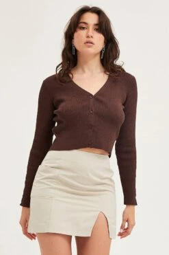 Brown Knit Cardigan Long Sleeve V-Neck Cut Out -Modern Fashion Shop fitted cardigan brown knit cardigan long sleeve v neck cut out 32966413746369