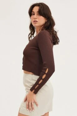 Brown Knit Cardigan Long Sleeve V-Neck Cut Out -Modern Fashion Shop fitted cardigan brown knit cardigan long sleeve v neck cut out 32966413779137