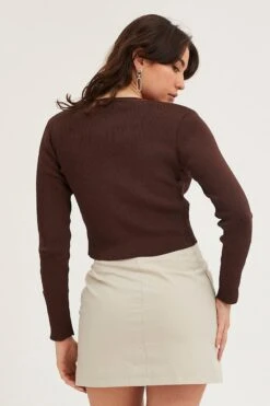 Brown Knit Cardigan Long Sleeve V-Neck Cut Out -Modern Fashion Shop fitted cardigan brown knit cardigan long sleeve v neck cut out 32966413811905
