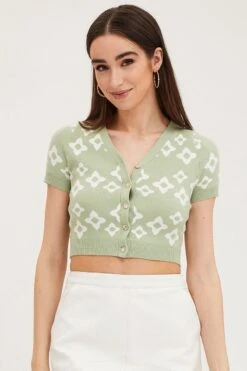 Print Knit Cardigan Short Sleeve Crop Floral -Modern Fashion Shop fitted cardigan print knit cardigan short sleeve crop floral 33006994260161