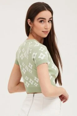 Print Knit Cardigan Short Sleeve Crop Floral -Modern Fashion Shop fitted cardigan print knit cardigan short sleeve crop floral 33006994325697