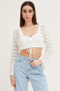 White Knit Cardigan Long Sleeve Crochet -Modern Fashion Shop fitted cardigan white knit cardigan long sleeve crochet 33006994456769