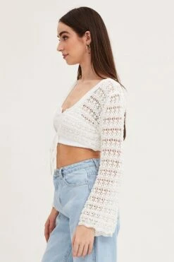 White Knit Cardigan Long Sleeve Crochet -Modern Fashion Shop fitted cardigan white knit cardigan long sleeve crochet 33006994489537