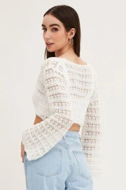 White Knit Cardigan Long Sleeve Crochet -Modern Fashion Shop fitted cardigan white knit cardigan long sleeve crochet 33006994522305