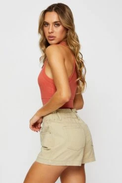 Beige Paperbag Denim Jeans High Rise -Modern Fashion Shop hw colourd short camel paperbag denim jeans high rise 32965663883457