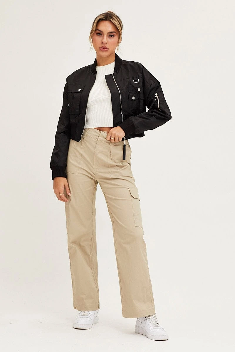 Black Long Sleeve Cropped Utility Bomber Jacket 4 Black Long Sleeve Cropped Utility Bomber Jacket - Image 2