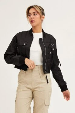 Black Long Sleeve Cropped Utility Bomber Jacket 10 Black Long Sleeve Cropped Utility Bomber Jacket -Modern Fashion Shop jacket black long sleeve cropped utility bomber jacket 32966591611073
