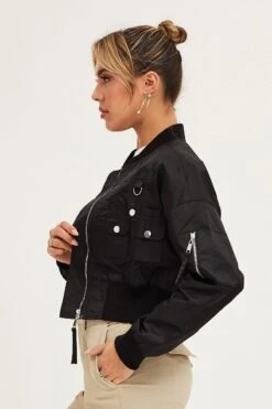 Black Long Sleeve Cropped Utility Bomber Jacket 11 Black Long Sleeve Cropped Utility Bomber Jacket -Modern Fashion Shop jacket black long sleeve cropped utility bomber jacket 32966591643841