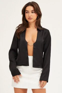 Black Satin Long Sleeve Collared Chain-Link Front Jacket -Modern Fashion Shop jacket black satin long sleeve collared chain link front jacket 32966599442625