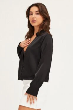 Black Satin Long Sleeve Collared Chain-Link Front Jacket -Modern Fashion Shop jacket black satin long sleeve collared chain link front jacket 32966599475393