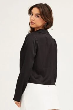 Black Satin Long Sleeve Collared Chain-Link Front Jacket -Modern Fashion Shop jacket black satin long sleeve collared chain link front jacket 32966599508161