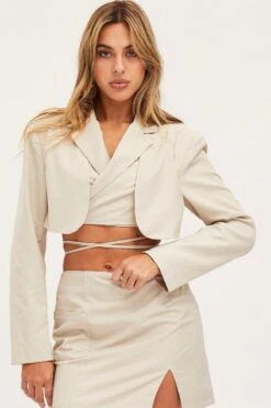 Beige Crop Jacket Long Sleeve -Modern Fashion Shop jacket camel crop jacket long sleeve 32966637617345