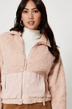 Pink Mixed Media Teddy Jacket -Modern Fashion Shop jacket pink mixed media teddy jacket 33007086502081