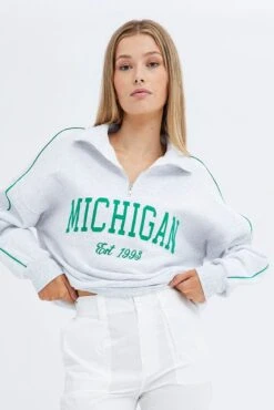 Grey Sweater Collar Half Zip Thru Long Sleeve Applique -Modern Fashion Shop jc1330 84w grey marle 3