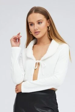 White Cardigan Crop Long Sleeve Faux Fur V Neck -Modern Fashion Shop jc1443 84wb cream 3