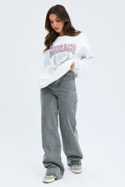 White Graphic Sweatshirt Long Sleeve Crew Neck -Modern Fashion Shop jc2203 84j white 2