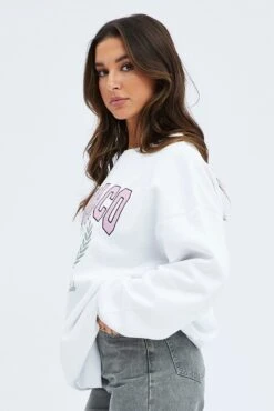 White Graphic Sweatshirt Long Sleeve Crew Neck -Modern Fashion Shop jc2203 84j white 4