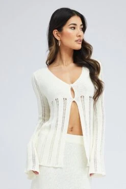 White Cardigan Long Sleeve V Neck Button Ladder Knitted -Modern Fashion Shop kn0192x 40cb cream 3
