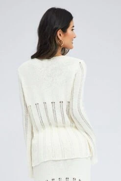 White Cardigan Long Sleeve V Neck Button Ladder Knitted -Modern Fashion Shop kn0192x 40cb cream 5