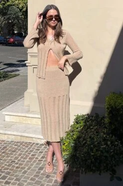 Front Page 40 Beige Cardigan Long Sleeve V Neck Button Ladder Knitted