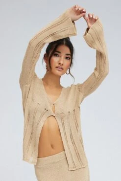 Beige Cardigan Long Sleeve V Neck Button Ladder Knitted 10 Beige Cardigan Long Sleeve V Neck Button Ladder Knitted -Modern Fashion Shop kn0192x 40cb stone 3