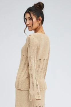 Beige Cardigan Long Sleeve V Neck Button Ladder Knitted 12 Beige Cardigan Long Sleeve V Neck Button Ladder Knitted -Modern Fashion Shop kn0192x 40cb stone 5