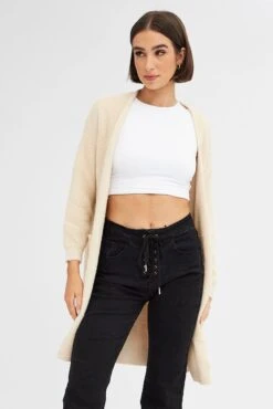Beige Knit Cardigan Long Sleeve Longline -Modern Fashion Shop kn1402 41jb beige 3