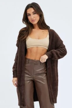 Brown Fluffy Longline Cardigan