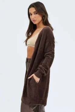 Brown Fluffy Longline Cardigan -Modern Fashion Shop kn1427 45j chocolate 4