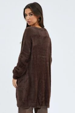 Brown Fluffy Longline Cardigan -Modern Fashion Shop kn1427 45j chocolate 5