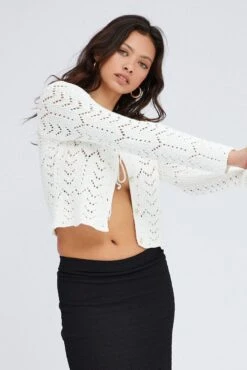 White Round Neck Long Sleeve Crochet Knit Cardigan