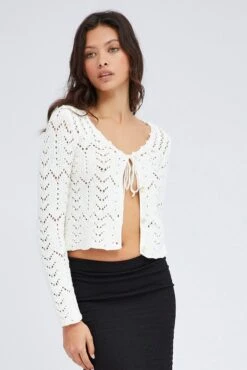 White Round Neck Long Sleeve Crochet Knit Cardigan -Modern Fashion Shop kn1563 40j white 3